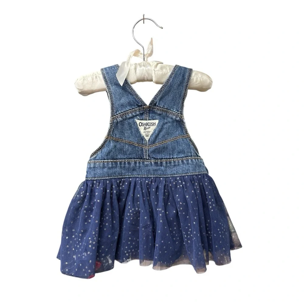 OshKosh Bgosh Jean Toddler Denim Navy Tulle Silver Glitter Dot Jumper Dress 9 MO